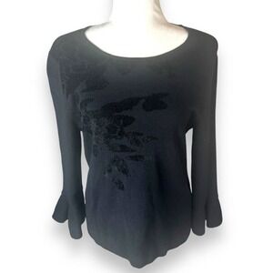 Ellen Tracy Top Womens Size Large Black‎ Floral Burnout Bell Sleeve NWT